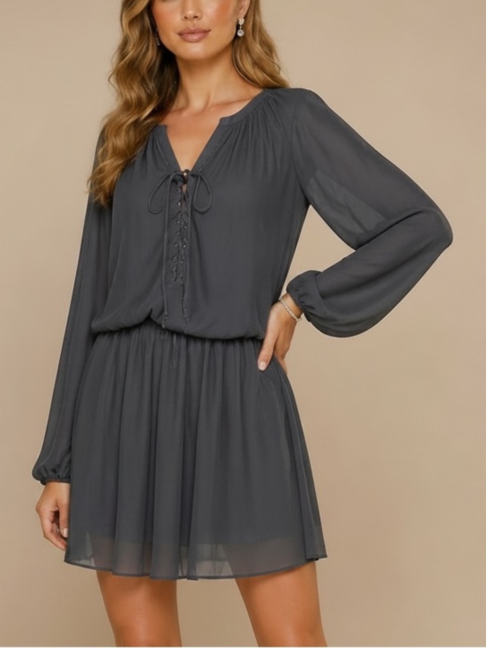 NWT RAMY BROOK Allie Gray Long Sleeve Ruched Lace Up Mini Dress Size X-Small